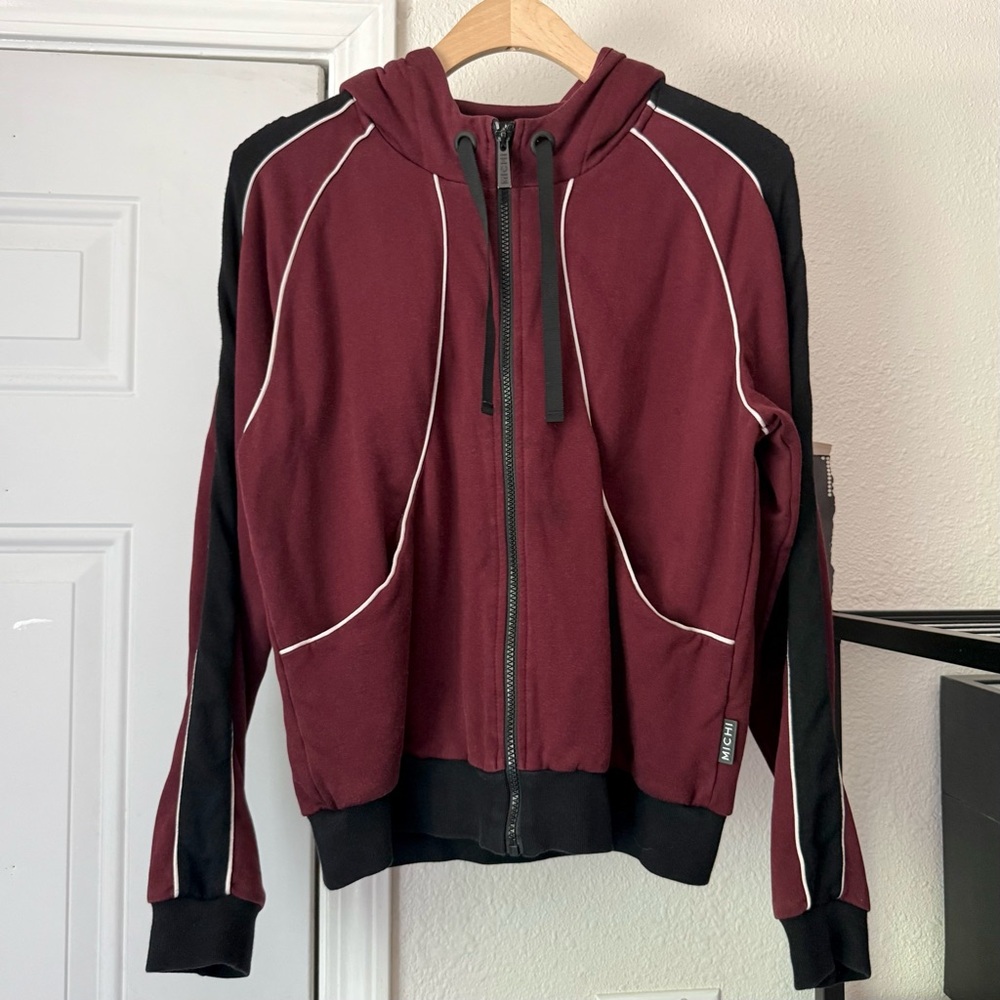 MICHI‎ burgundy red black contrast piping athletic full zip up hoodie sweater